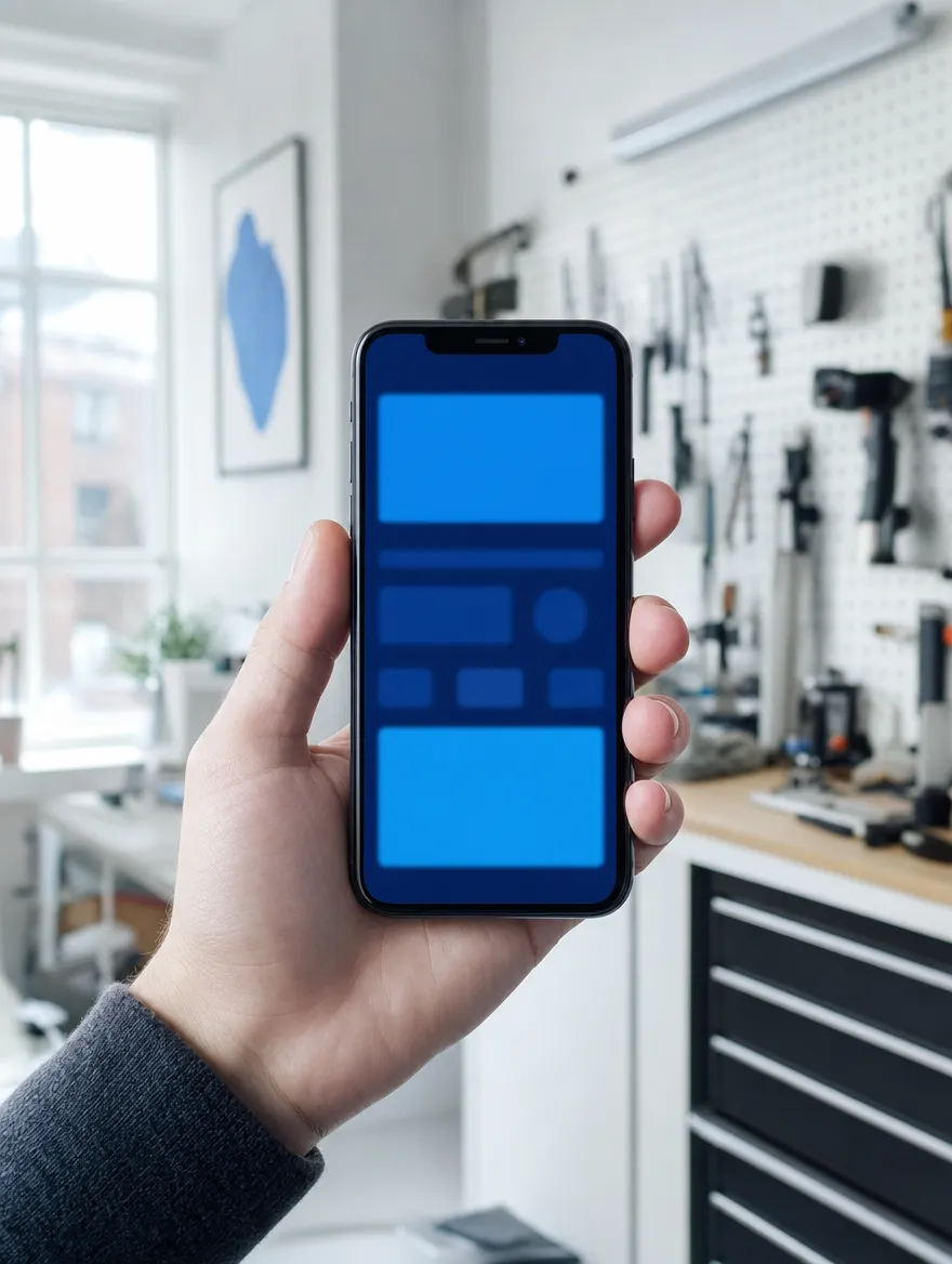 Atölyede elinde akıllı telefon tutan bir kişi